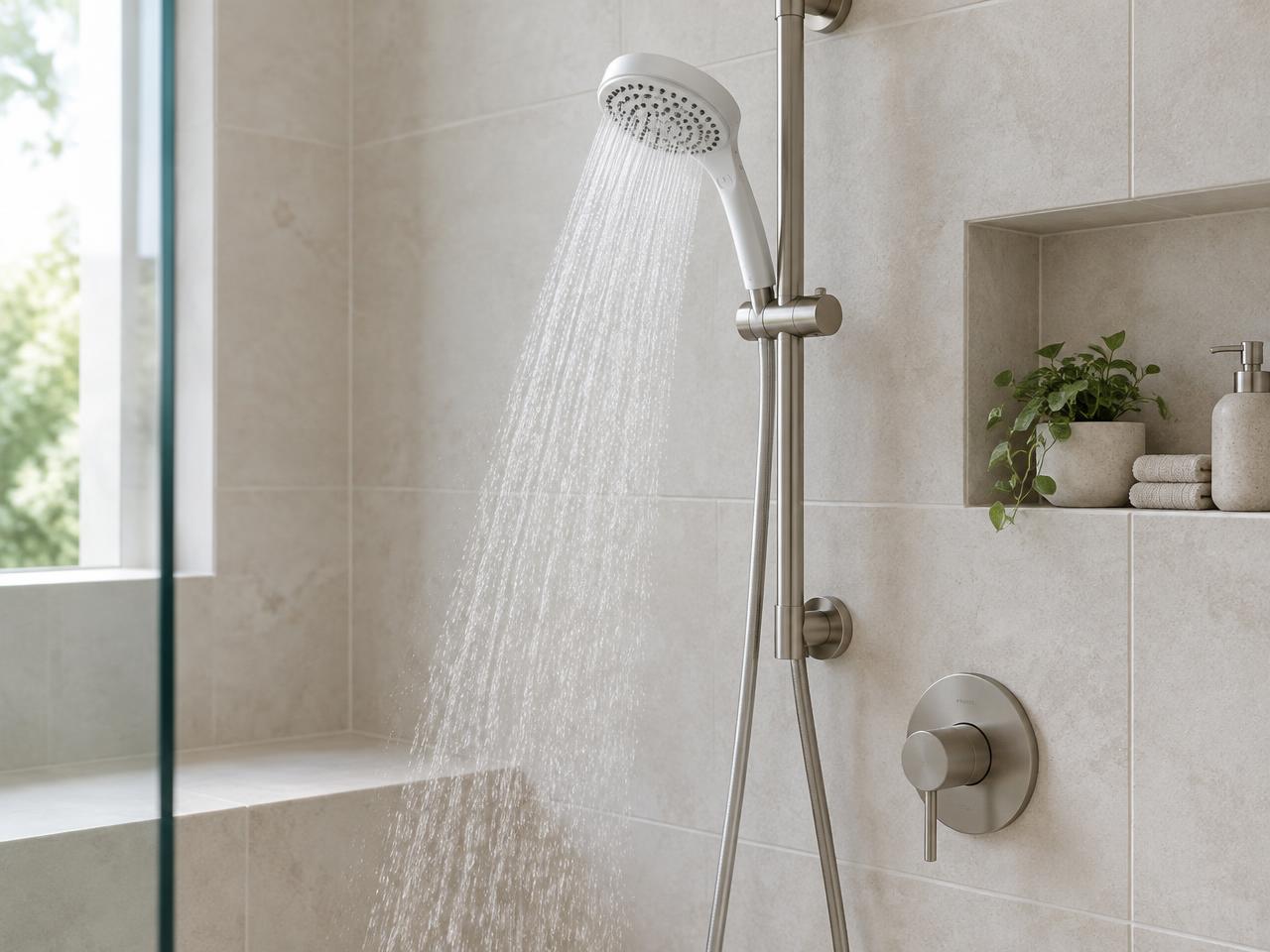 Modern shower running water in a light-toned bathroom